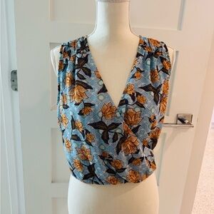 Floral Sleeveless Wrap Top - Blue and Orange
